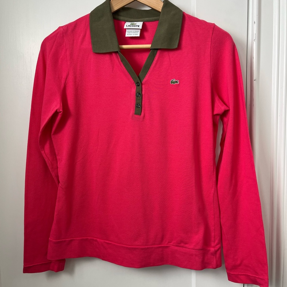 Lacoste Pink Button Down Shirt with Green Collar